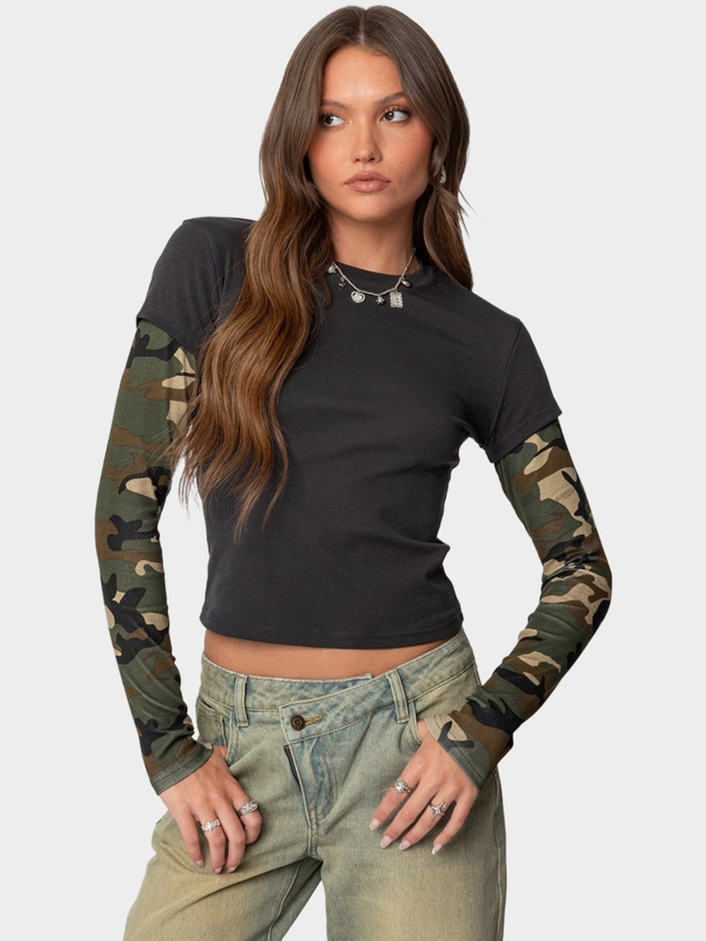 edikted Camo Layered Long Sleeve T Shirt